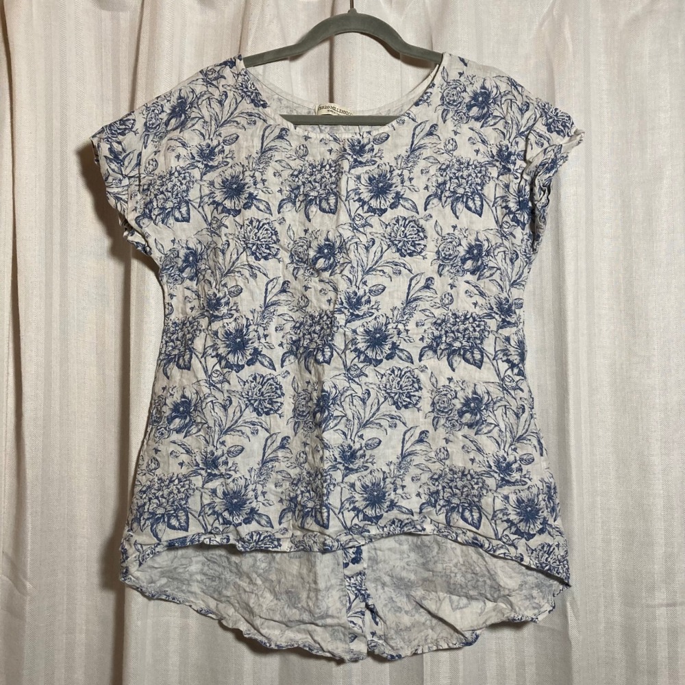 Linen Floral Terzo Millennio Italy Toile Button‎ Back High Low Top Blue White S